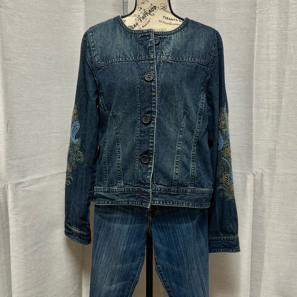 Liz Claiborne Collarless Denim Embroidered Sleeve Jacket - Blue Sz L